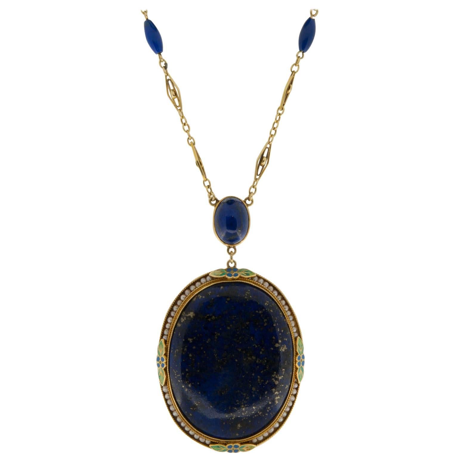 1930s Lapis Lazuli, Seed Pearl and Enamel Necklace in Yellow Gold For Sale