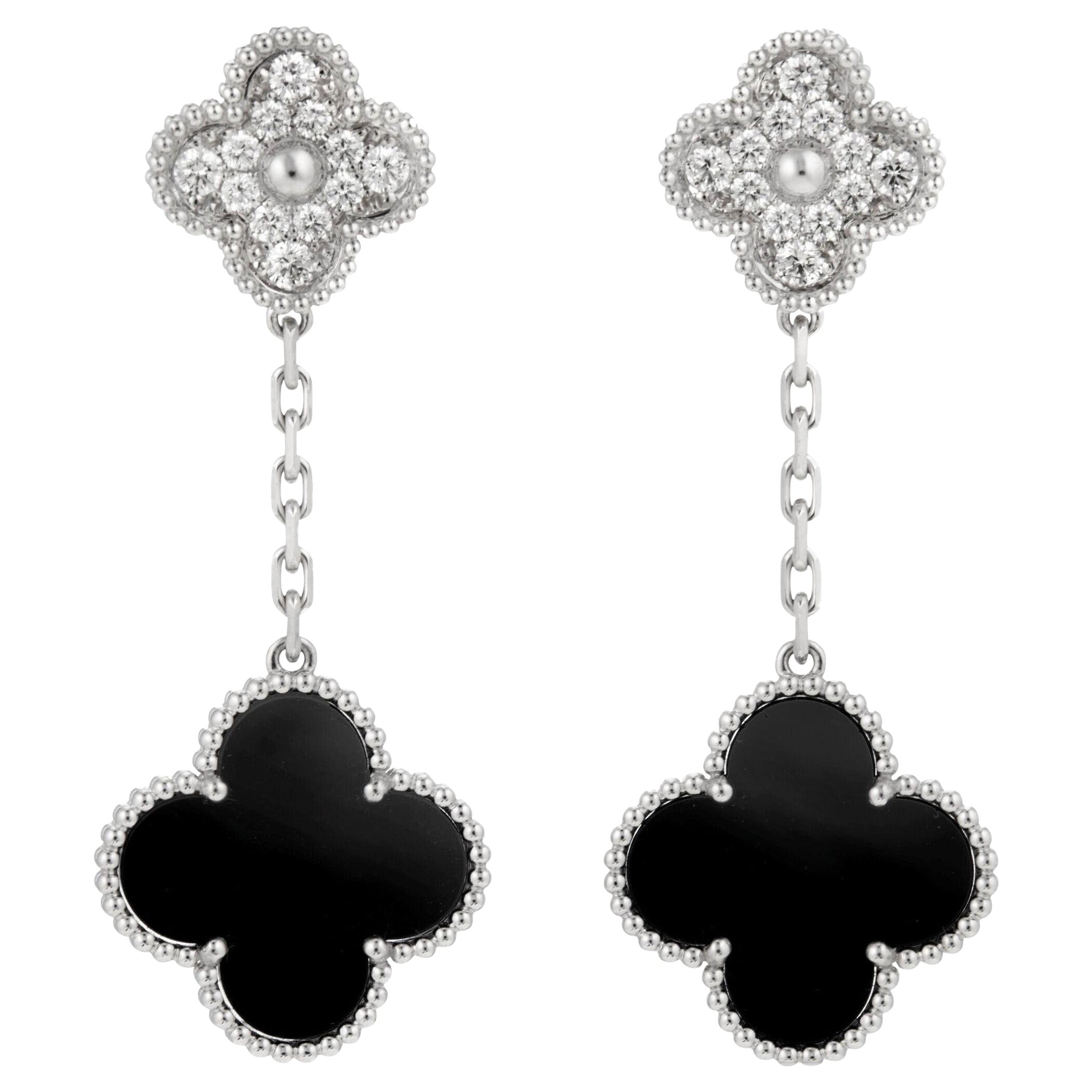 Magic Alhambra White Gold Onyx and Diamonds Earrings For Sale
