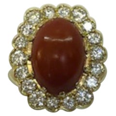 18 Karat Yellow Gold Coral and Diamond Ring