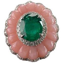 Certified Pink Opal And 7 Carat Colombian Emerald 18K Cocktail Ring