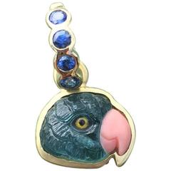 Blue Tourmaline Hand Carved Parrot Head with Sapphire
