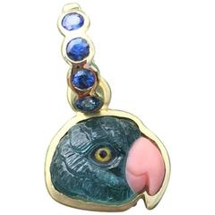 Blue Tourmaline Hand Carved Parrot Head with Sapphire 