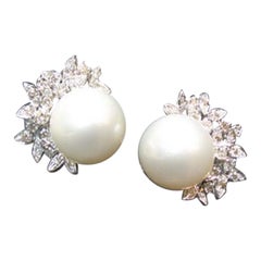 Pearls, Diamonds, 14 Karat White Gold Earrings.