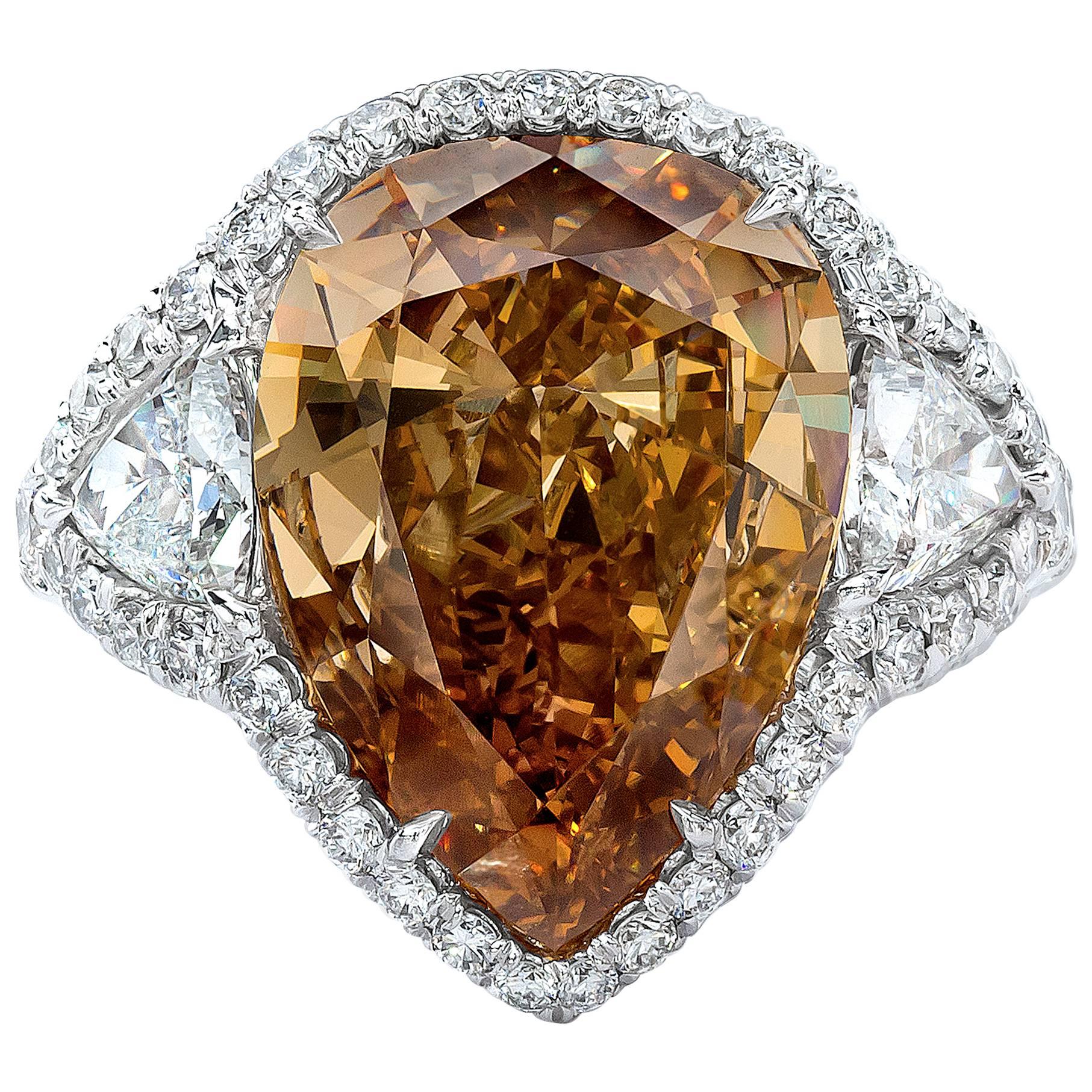 GIA Certified 9.63 Carat Pear Cut Natural Brown Orange Diamond Engagement Ring For Sale