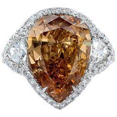 Used GIA Certified 9.63 Carat Pear Cut Natural Brown Orange Diamond Engagement Ring