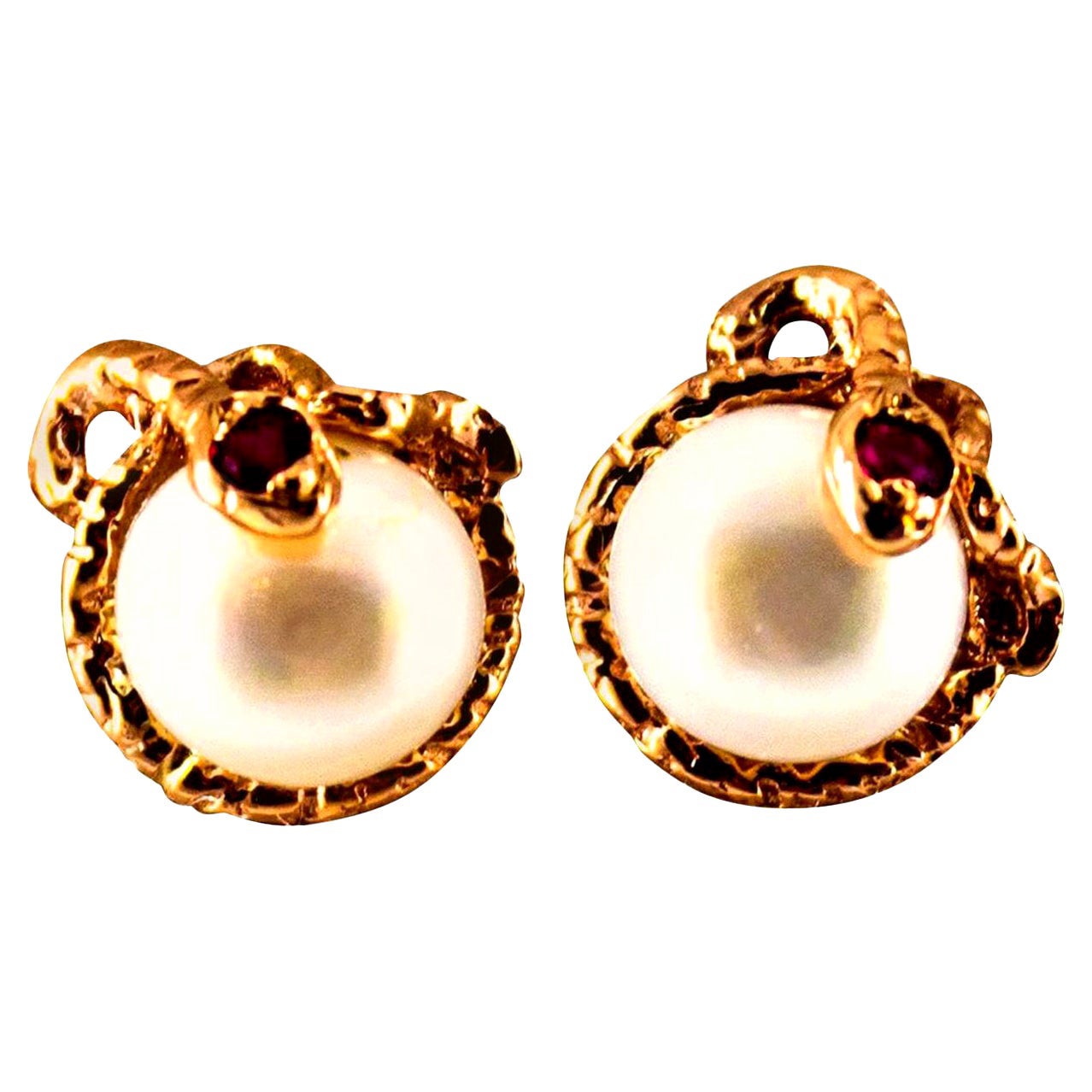 Art Nouveau Style 0.08 Carat Ruby Pearl Yellow Gold Stud Dangle "Snake" Earrings