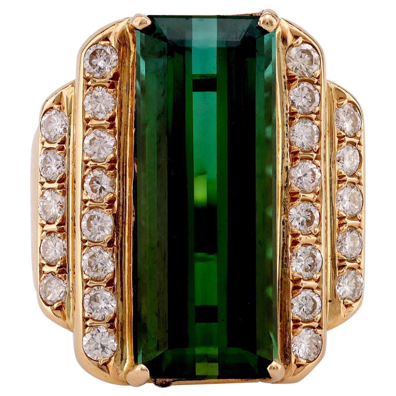 Vintage 6.9 Carat Tourmaline Diamond 14K Yellow Gold Cocktail Ring