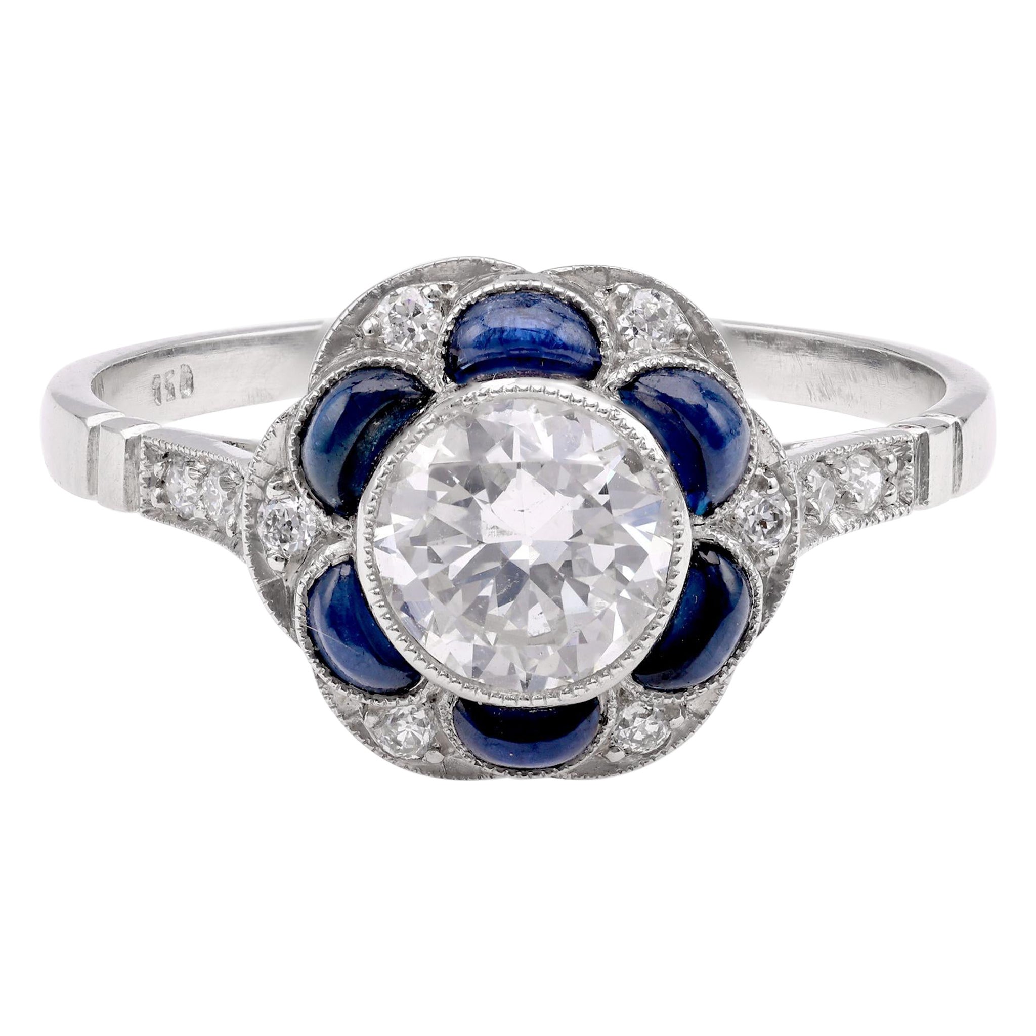 Art Deco Inspired .73 Carat Diamond Sapphire Platinum Cluster Ring