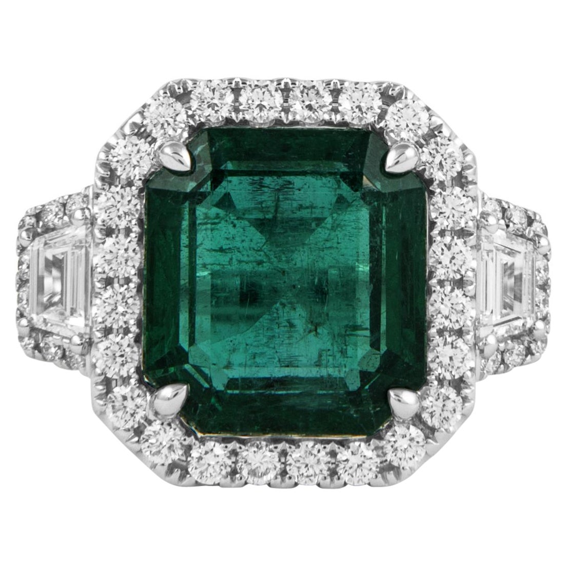 Alexander Beverly Hills GIA 7.57ct Emerald & Diamond 3-Stone Ring 18k White Gold For Sale