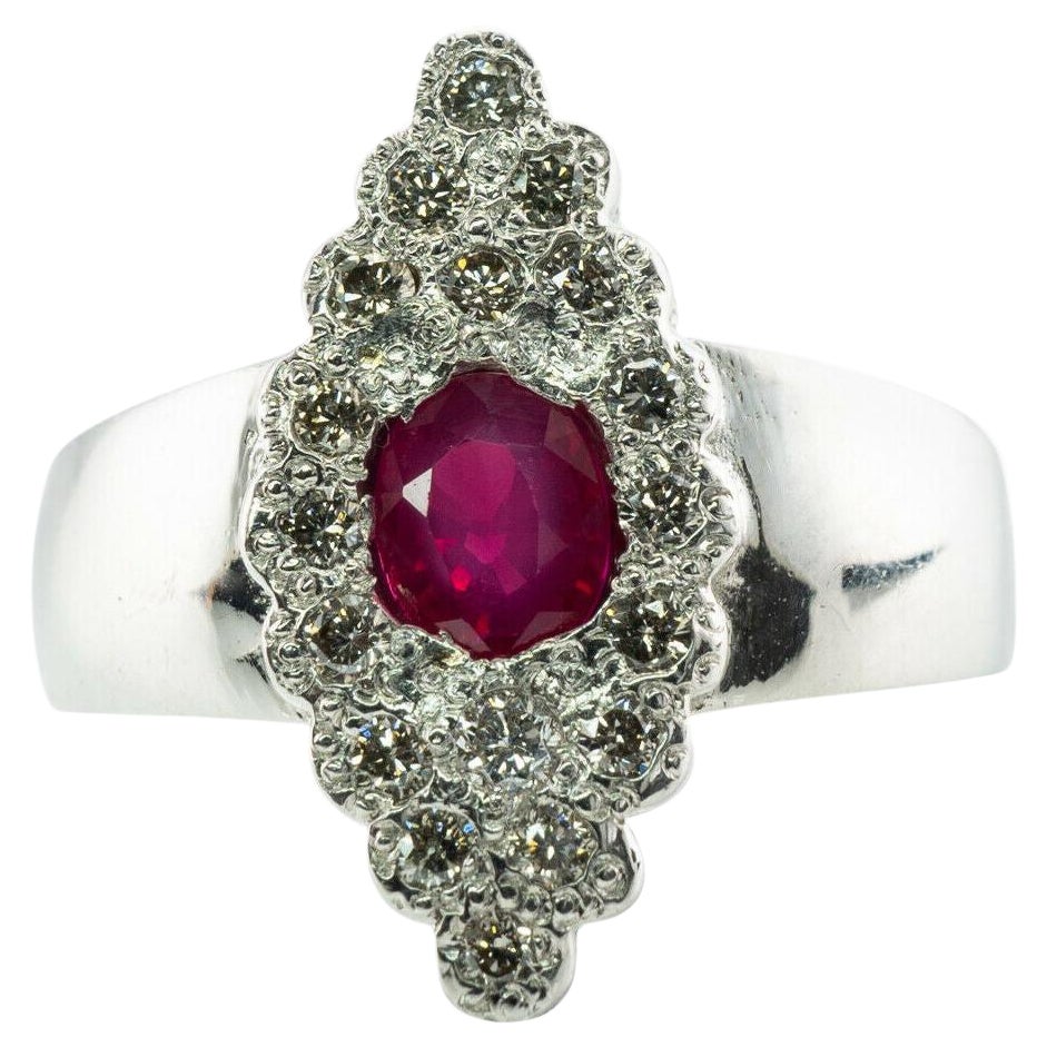 Natural Diamond Ruby Ring 14K White Gold Band Vintage Floral For Sale
