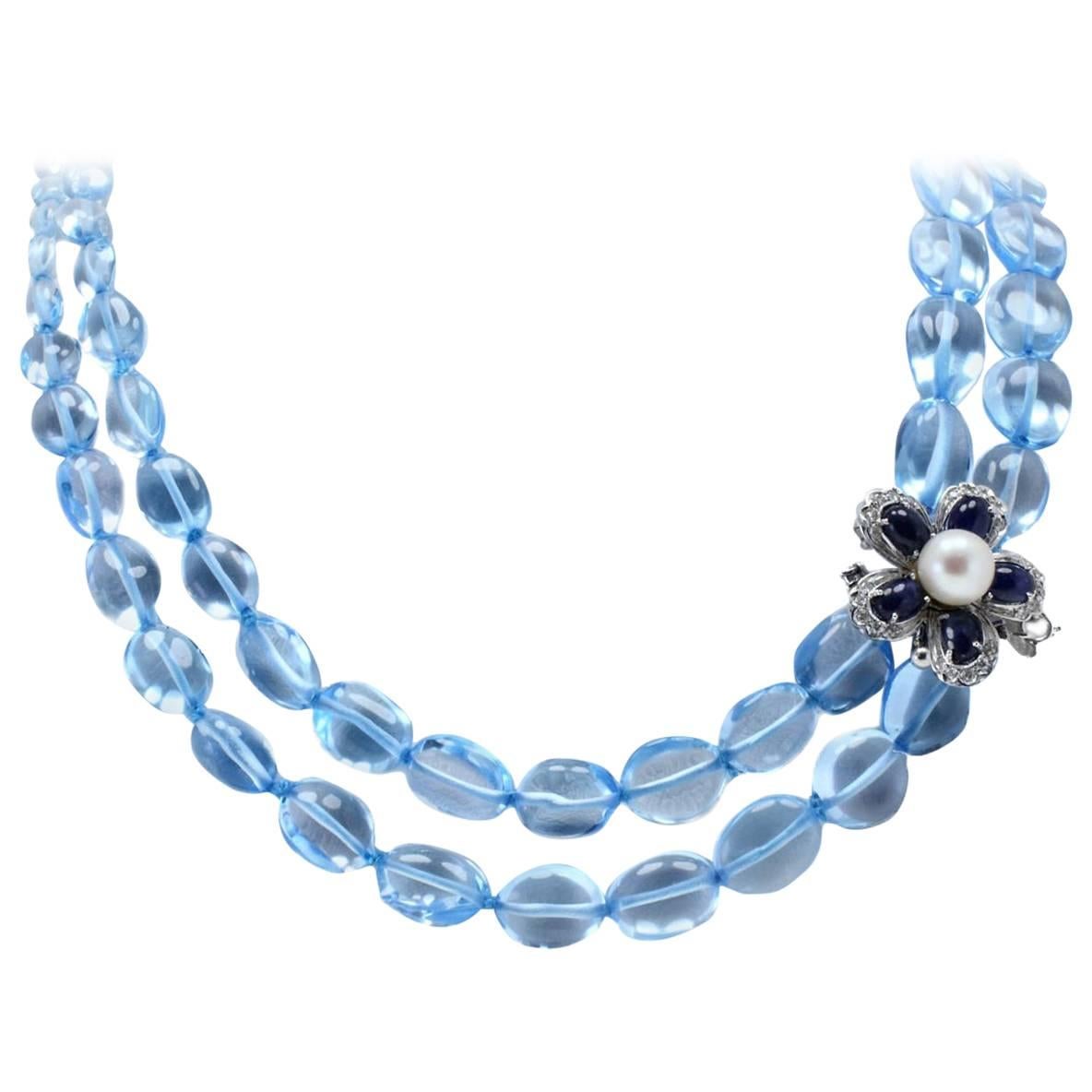 Diamonds Blue Sapphires Pearls Topaz Gold Necklace