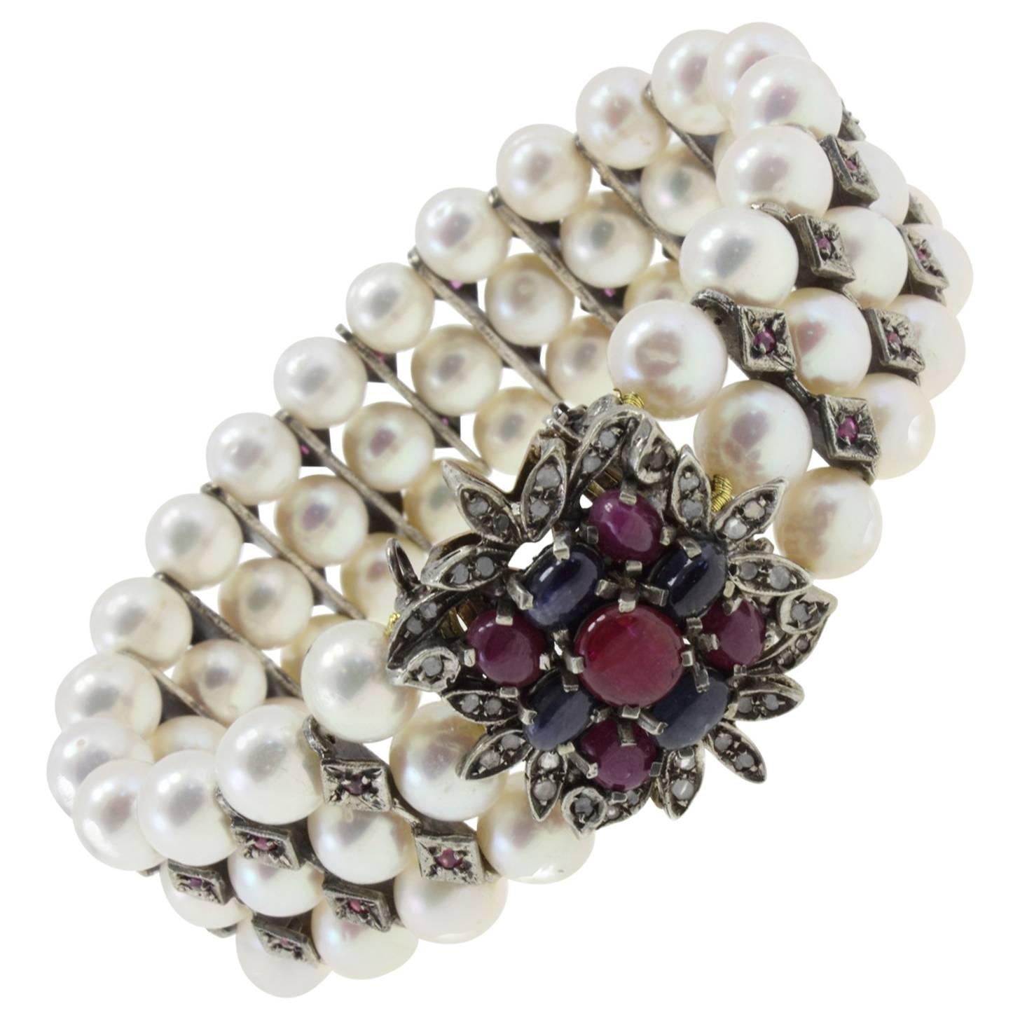 Luise Diamonds Blue Sapphires Rubies Pearls Gold and Silver Bracelet