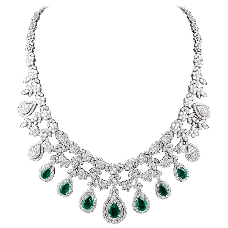 Emerald and Diamond Drop Necklace For Sale