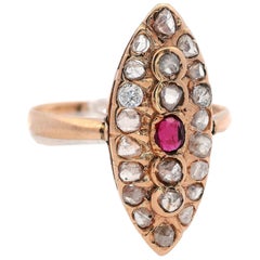 Edwardian 1900 Navette 18kt Yellow Gold Ring with Rose Cuts Diamonds and Ruby