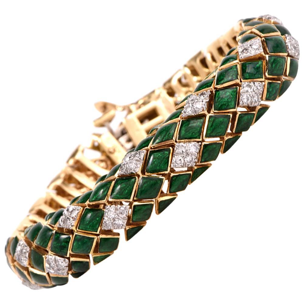 1960's David Webb  Green Enamel Diamond Gold Snake Bracelet
