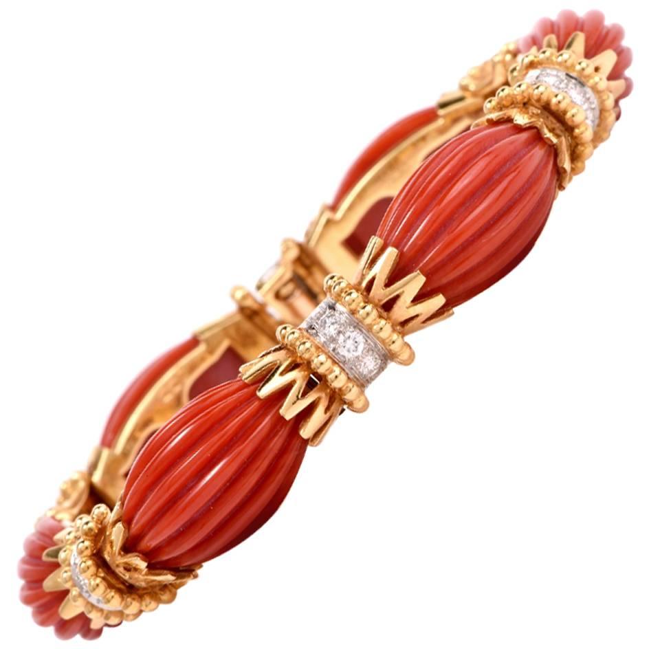 1970s Van Cleef & Arpels VCA Coral  Diamond Gold Link Bracelet