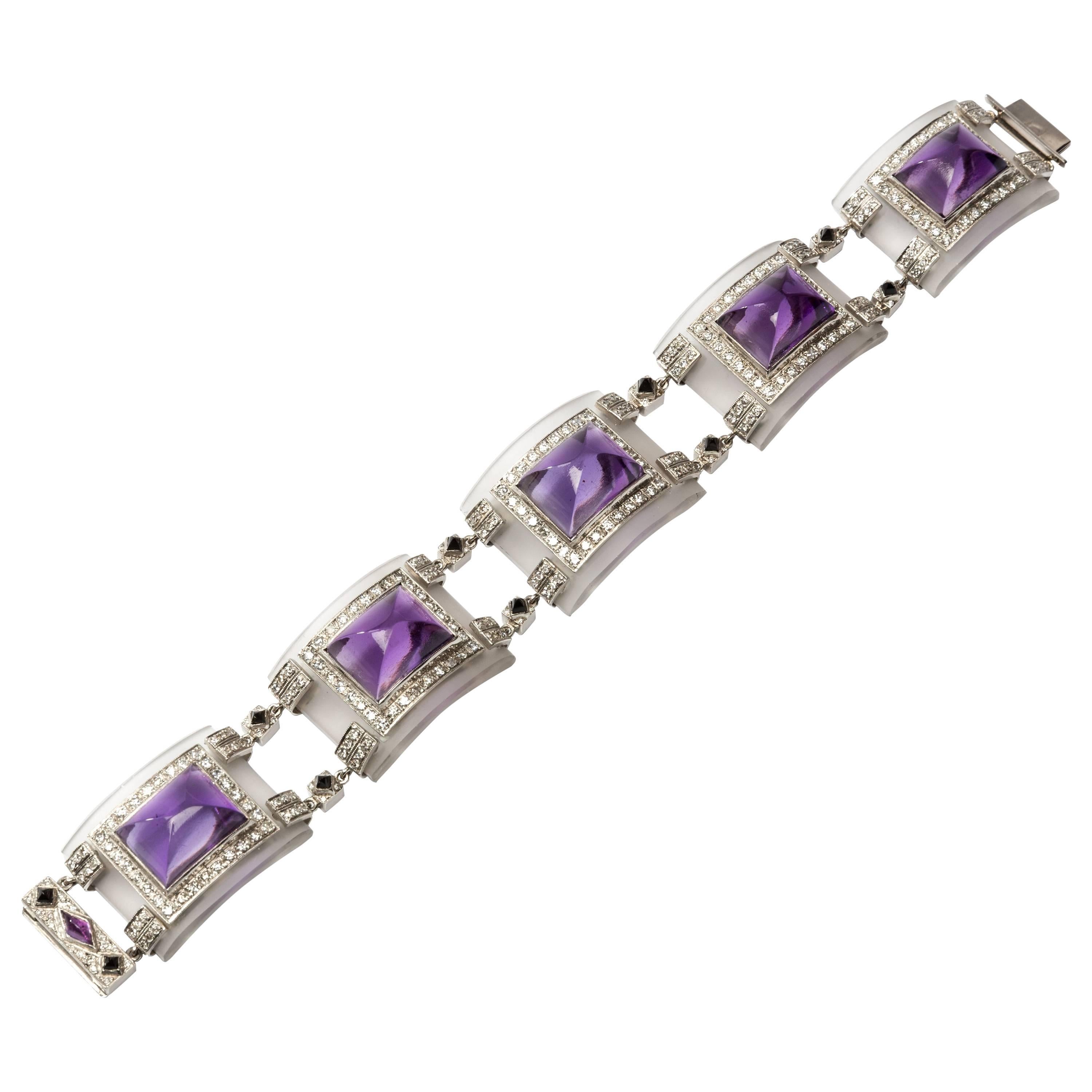  Amethyst Diamond Rock Crystal Onyx Platinum Bracelet For Sale
