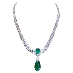AIG Certified 28.00 Ct Zambian Emeralds 7.80 Ct Diamonds 18K Gold Necklace