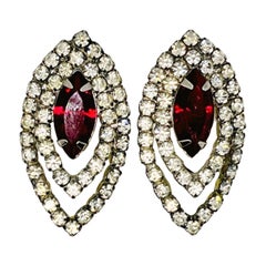 Marquise Double Halo Elipse Earrings, Garnet Crystal Rhinestone with CZ Halo