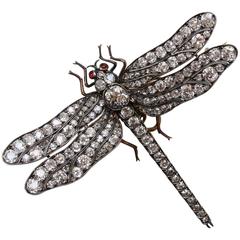 Antique English Victorian Naturalistic Diamond Dragonfly Brooch