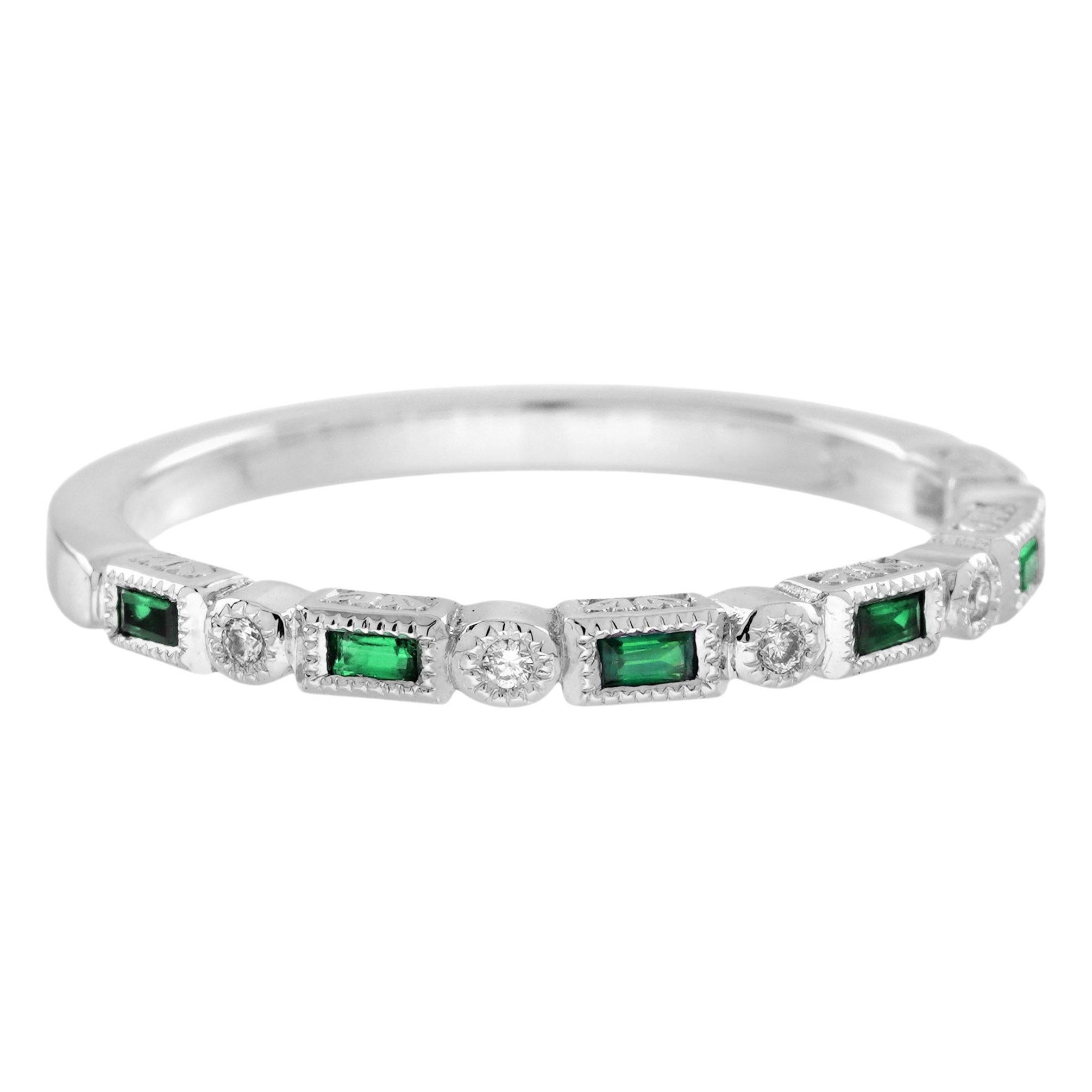 Emerald and Diamond Art Deco Style Band Ring in 9K White Gold