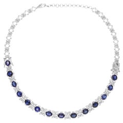 Blue Sapphire Gemstone Necklace SI/H Round Diamond 14 Karat White Gold Jewelry