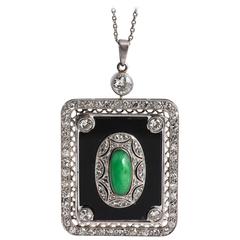 Art Deco Rectangular Jade Diamond Onyx Pendant