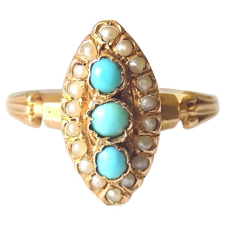 Antique French Gold Turquoise and Pearl ring