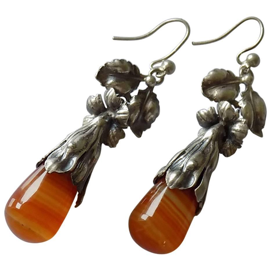 Antique Art Nouveau Silver and Agate Pendant Earrings