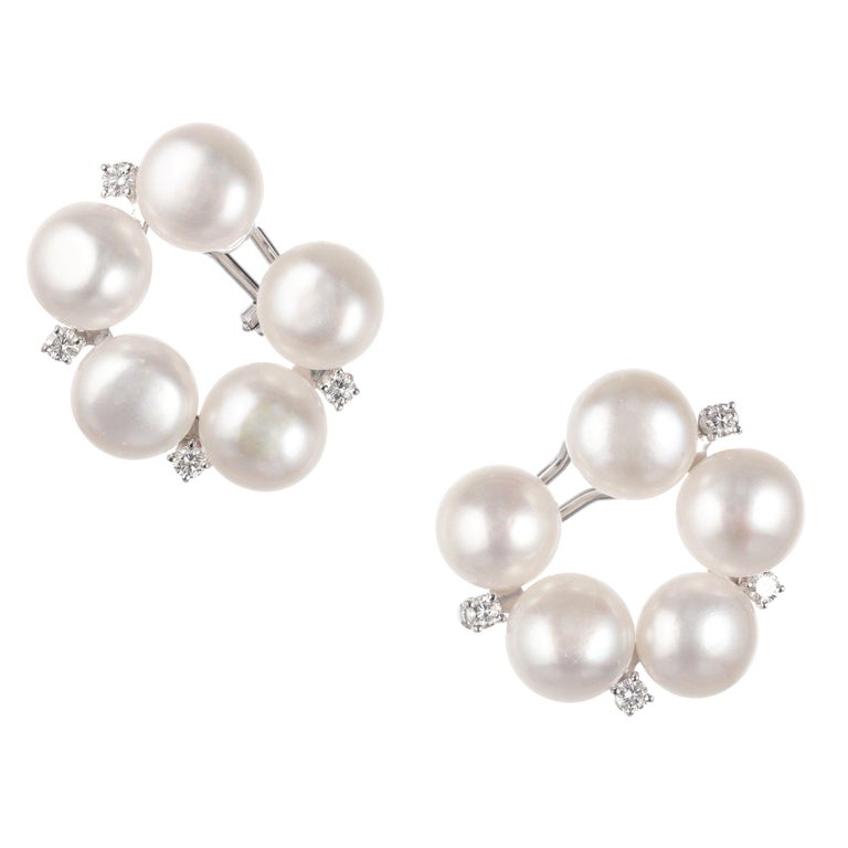 .62 Diamond Freshwater Pearl White Gold Clip Post Earrings For Sale ...