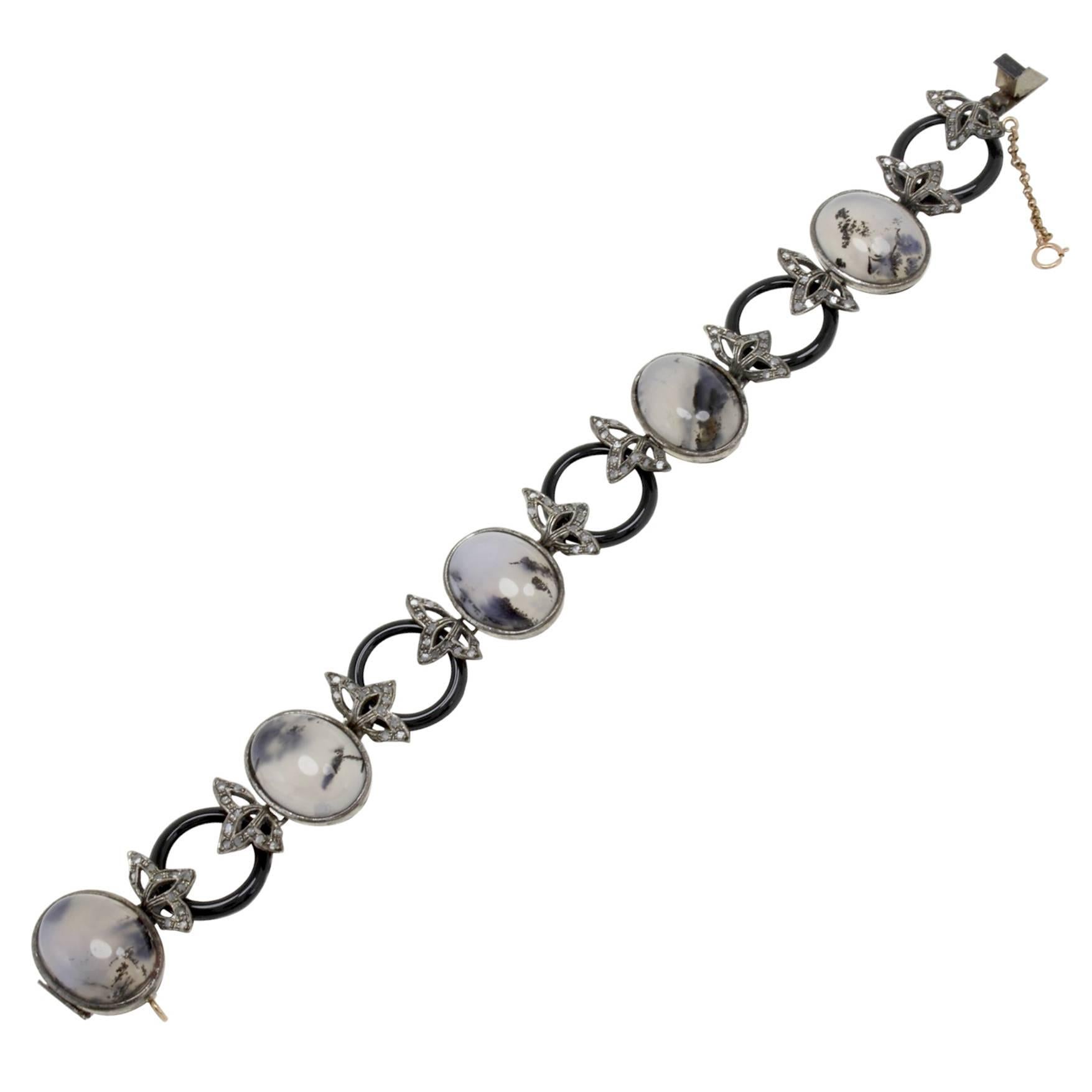 Diamonds Moss Agate Onyx Gold and Silver Link Bracelet