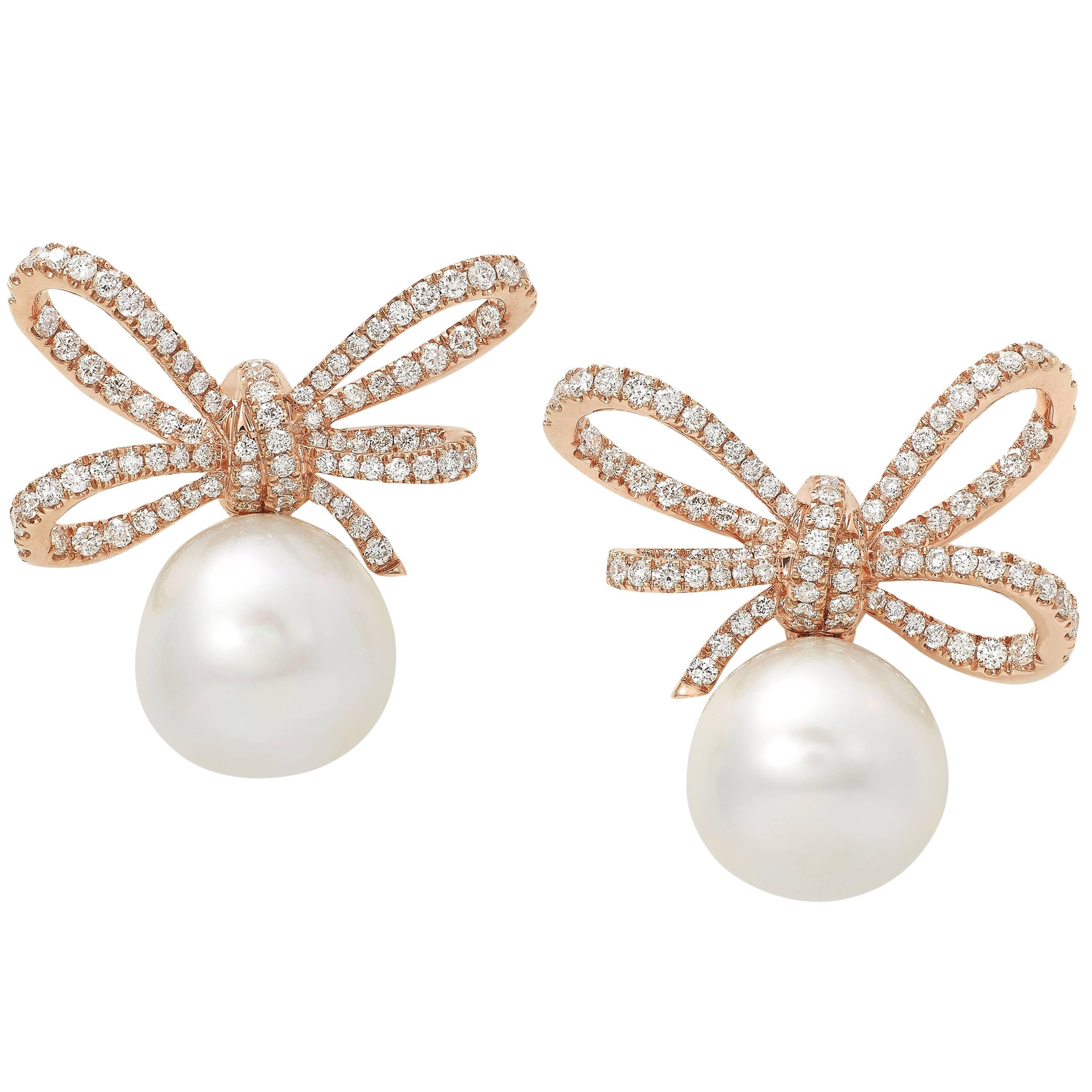 VANLELES Diamond Gold Pearl Lyla's Bow Earrings