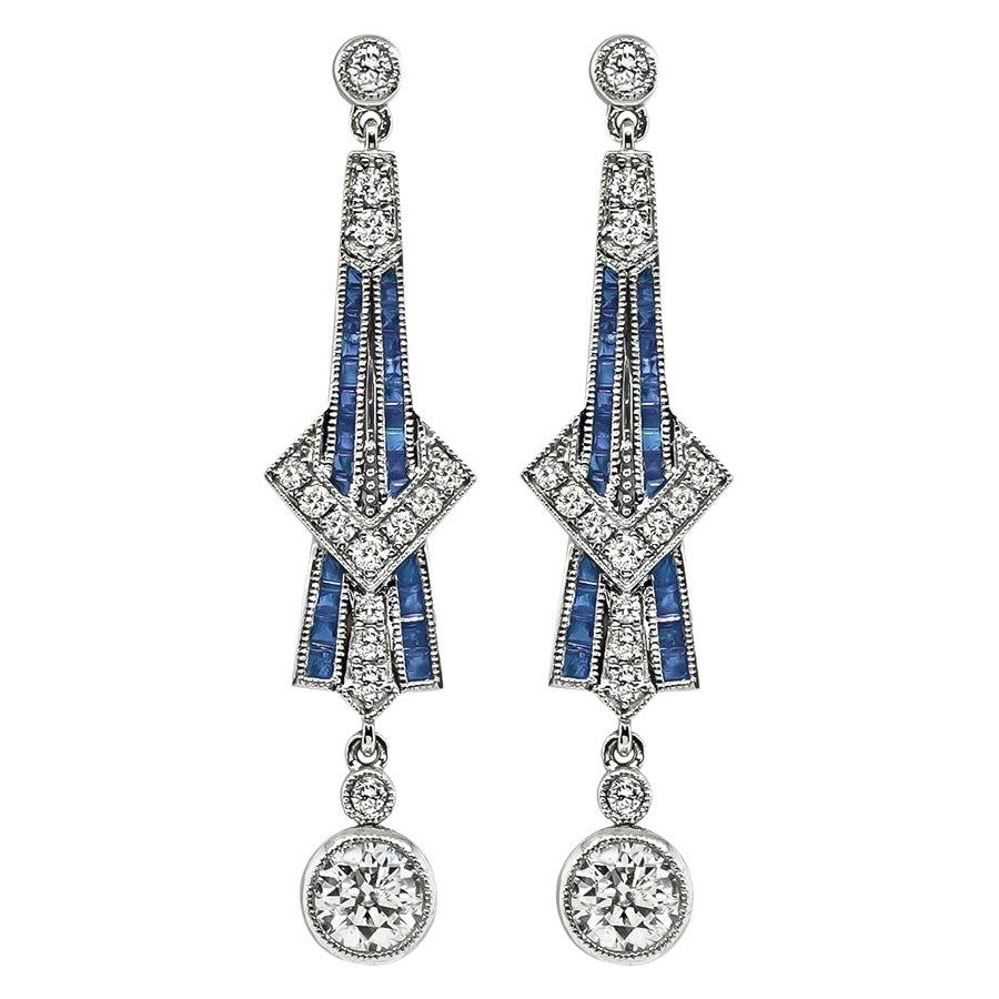 Art Deco Style 1.90cttw Diamond 0.83ct Sapphire Drop Earrings For Sale