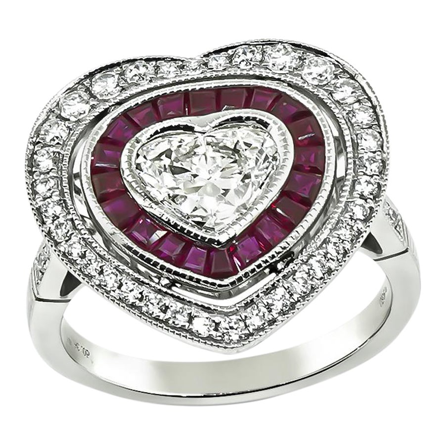 Estate 1.00ct Center Diamond 0.81ct Ruby Heart Ring