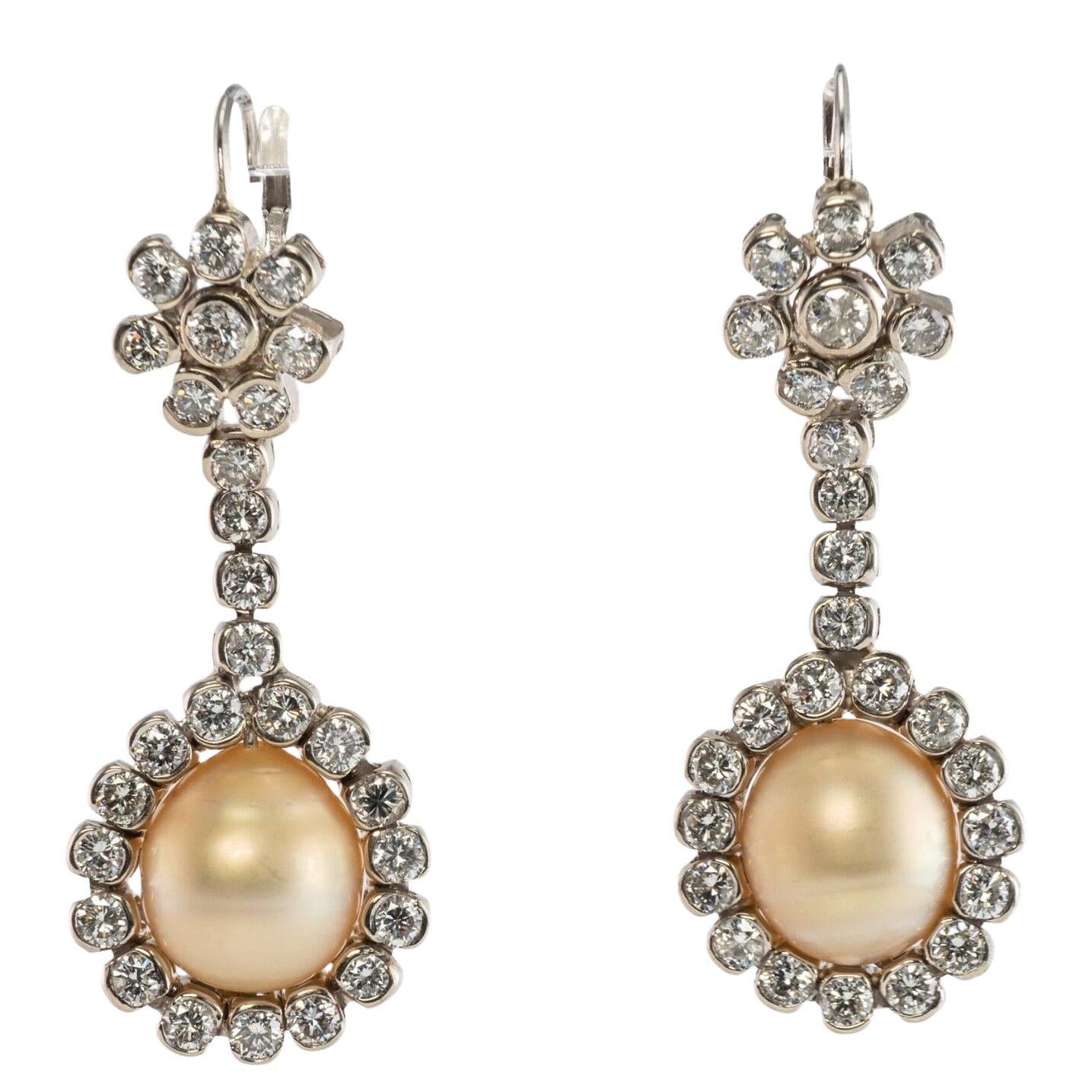 South Sea Pearl Diamond Earrings 14K White Gold Dangle Drop