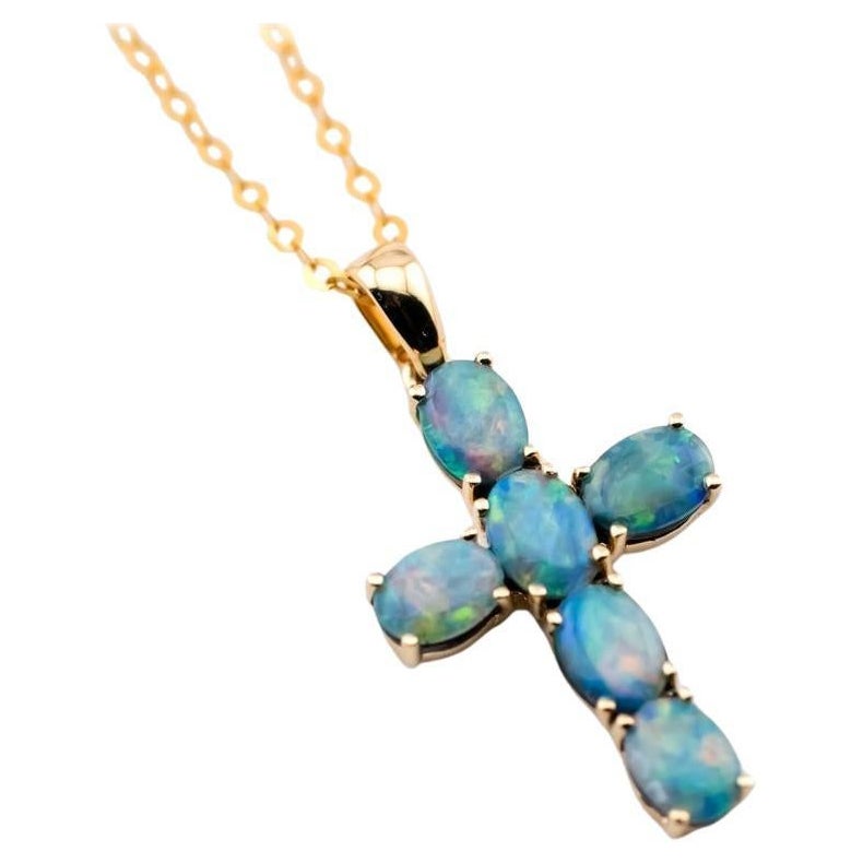 Australian Doublet Opal Cross Pendant Necklace 18K Yellow Gold