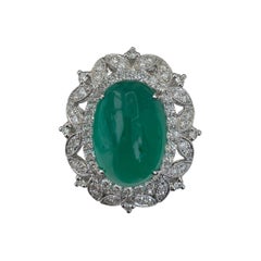 13.42 Carats Zambian Emerald Cabochon Ring Diamond Studded