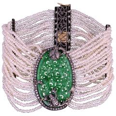 Wide Jade Pearl Diamond Bracelet 11