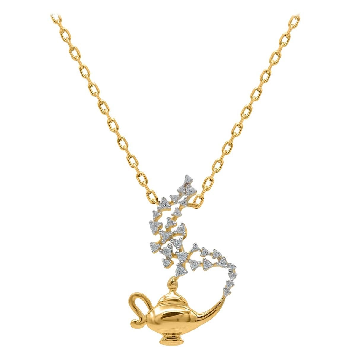 TJD 0.12 Carat Scattered Diamond 14 Kt Yellow Gold Magical Lamp Designer Pendentif