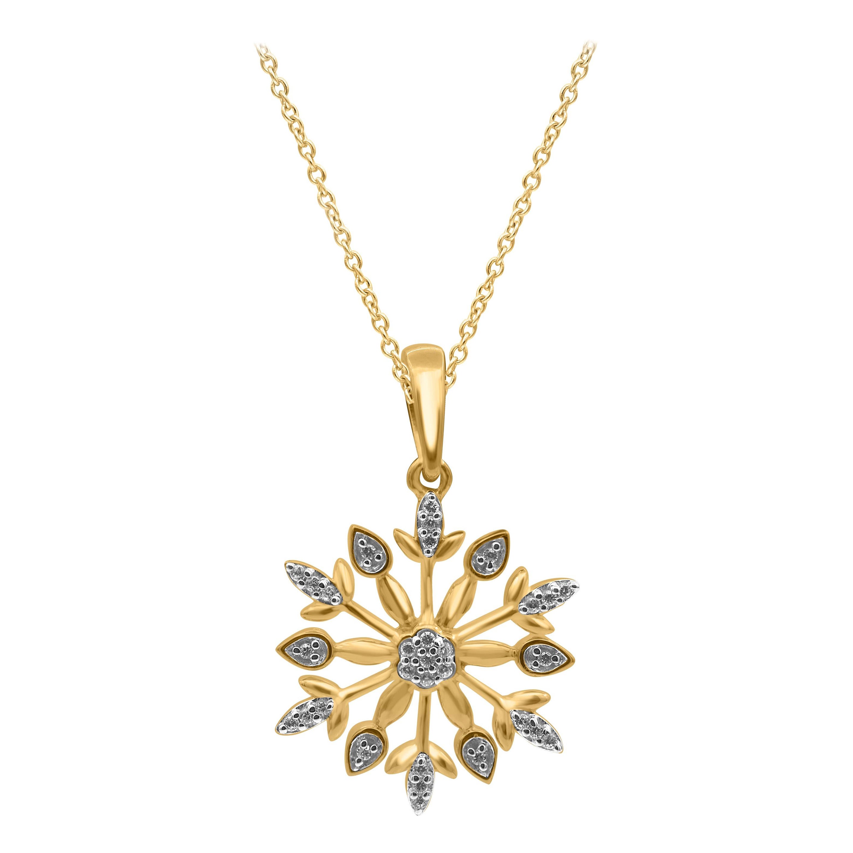 TJD 0.05 Carat Round Diamond 14Kt Yellow Gold Snowflake Designer Fashion Pendant