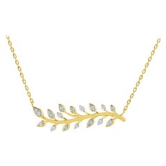 TJD 1/5 Carat Round Diamond 14K Yellow Gold Stationed Bar Leaf Designer Necklace
