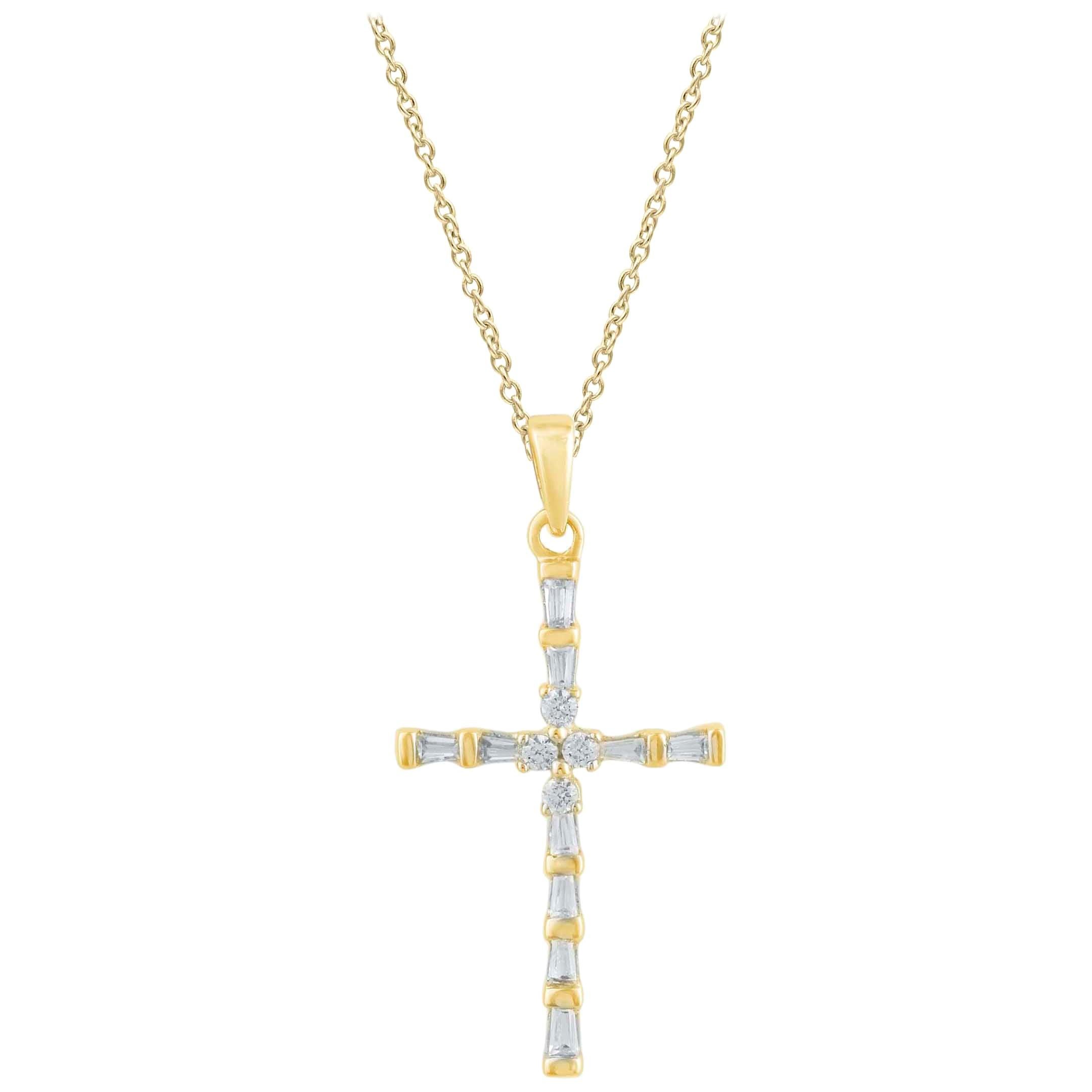 TJD 0.25 Carat Round & Baguette 14K Yellow Gold Classic Religious Cross Pendant