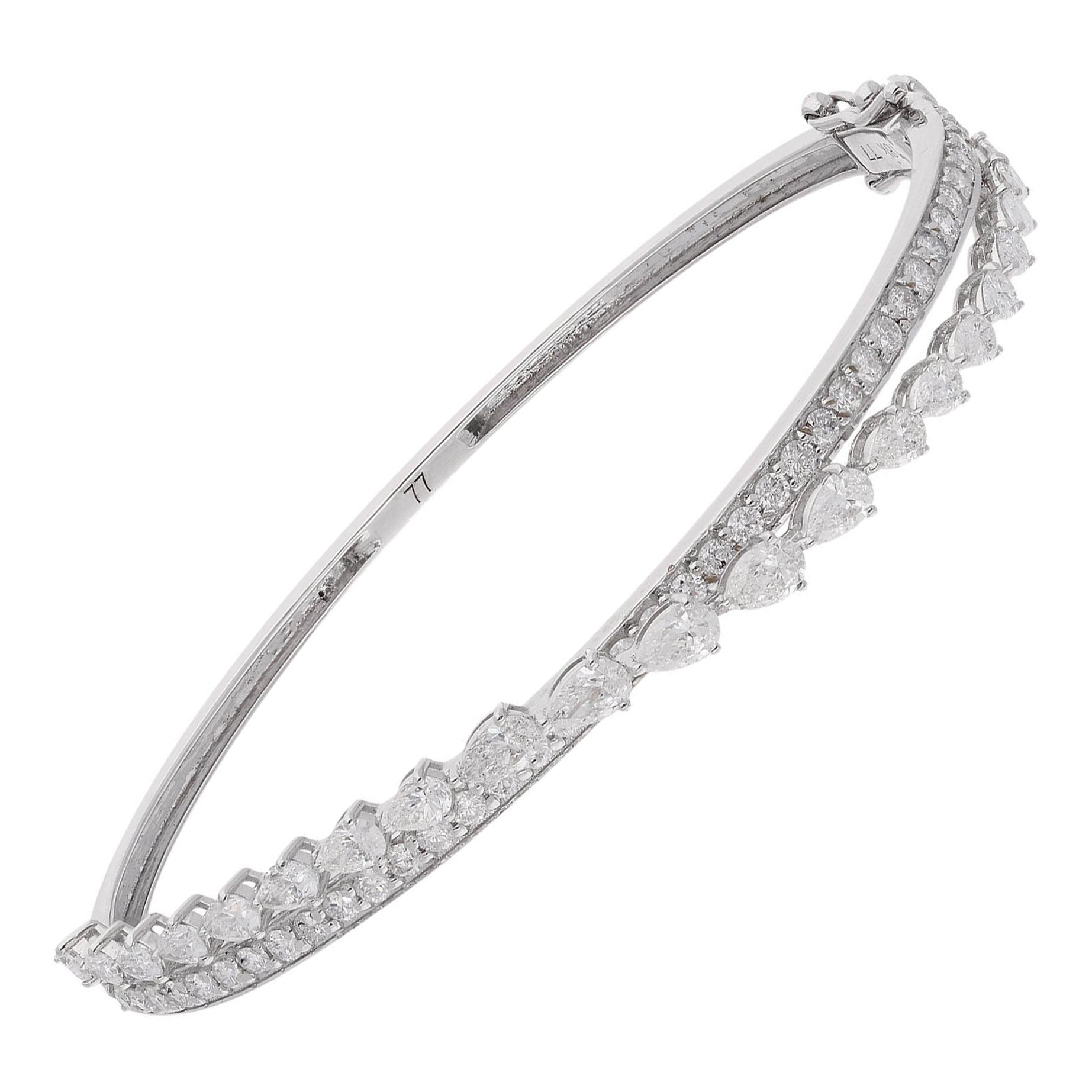 SI Clarity HI Color Pear Round Diamond Bangle Bracelet 14 Karat White Gold