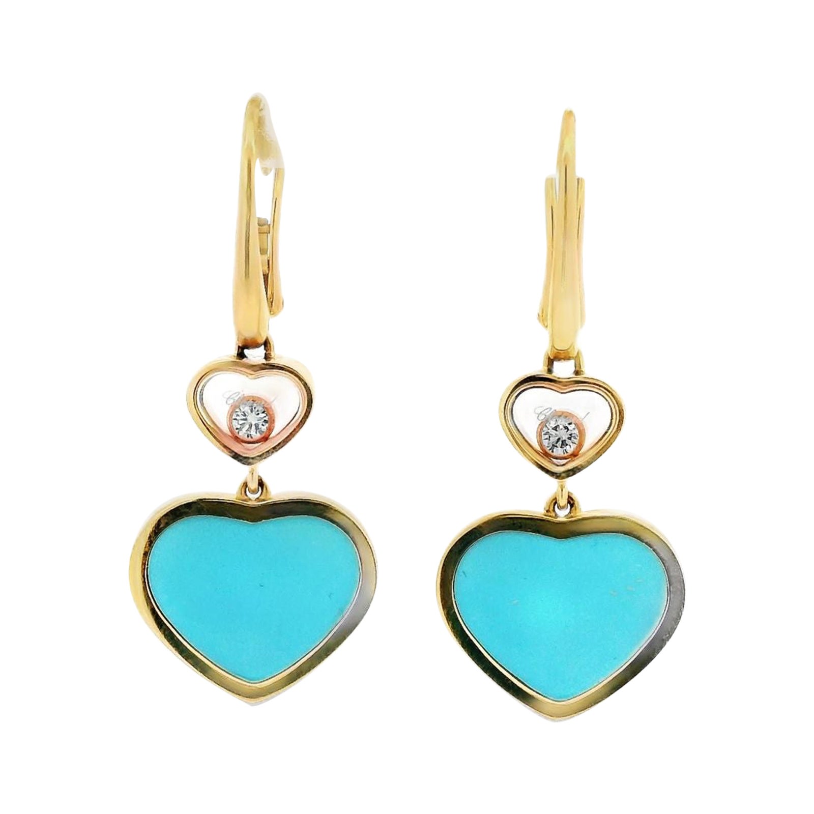 Chopard Happy Diamond Turquoise Heart 18 Karat Yellow Gold Earrings