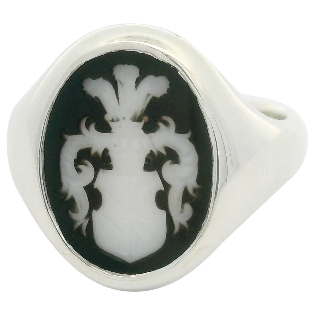 Signet Ring 925/- Silver, Oval, Mesk Onyx 15.5 x 12.5 mm, with Engraving