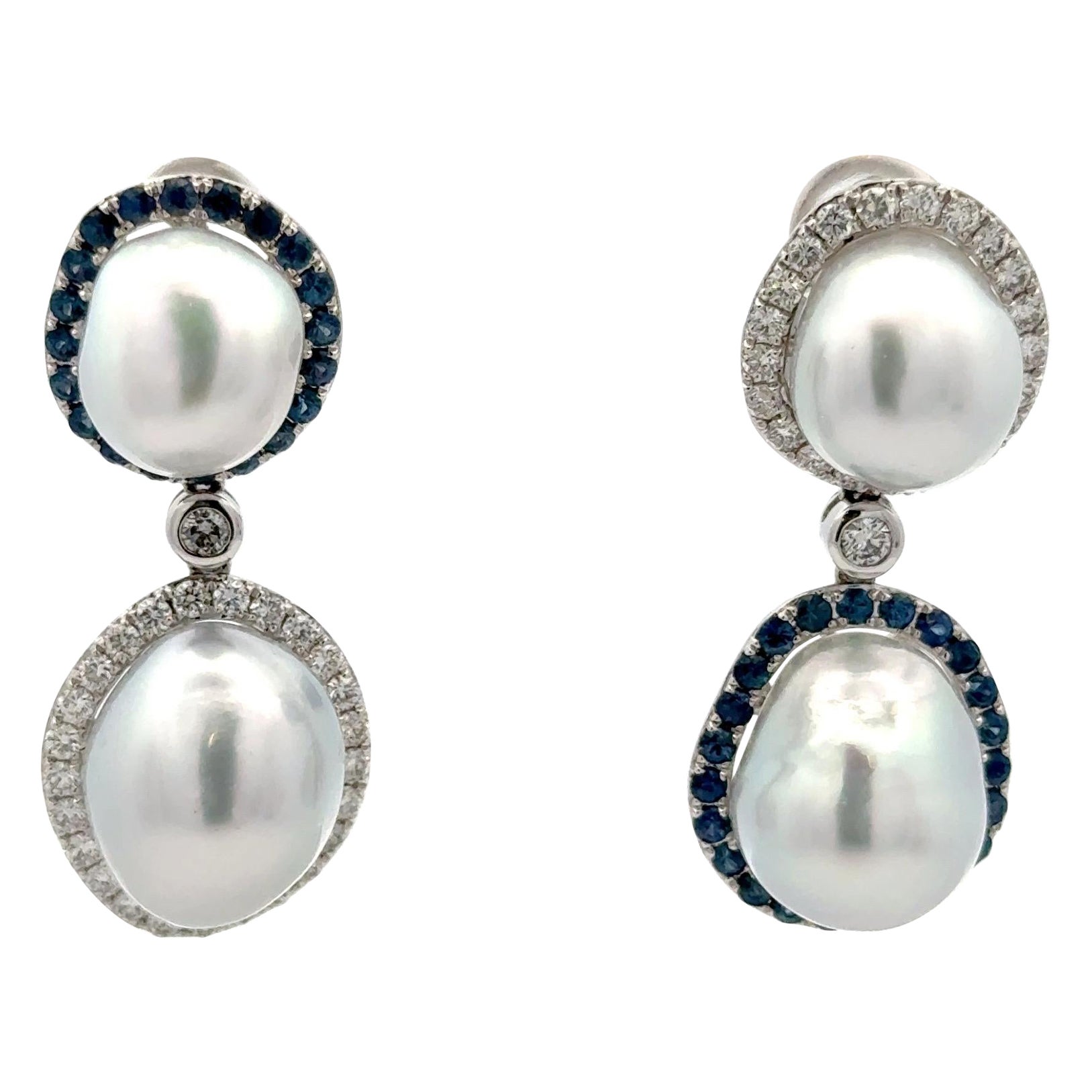 Alternating Sapphire Diamond Halo Baroque Pearl Drop Earrings 3.44 CTTW 11-14 MM For Sale