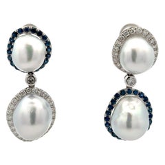 Alternating Sapphire Diamond Halo Baroque Pearl Drop Earrings 3.44 CTTW 11-14 MM