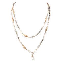 Antique Italian Long Gold And Natural Pearls Link Chain Necklace
