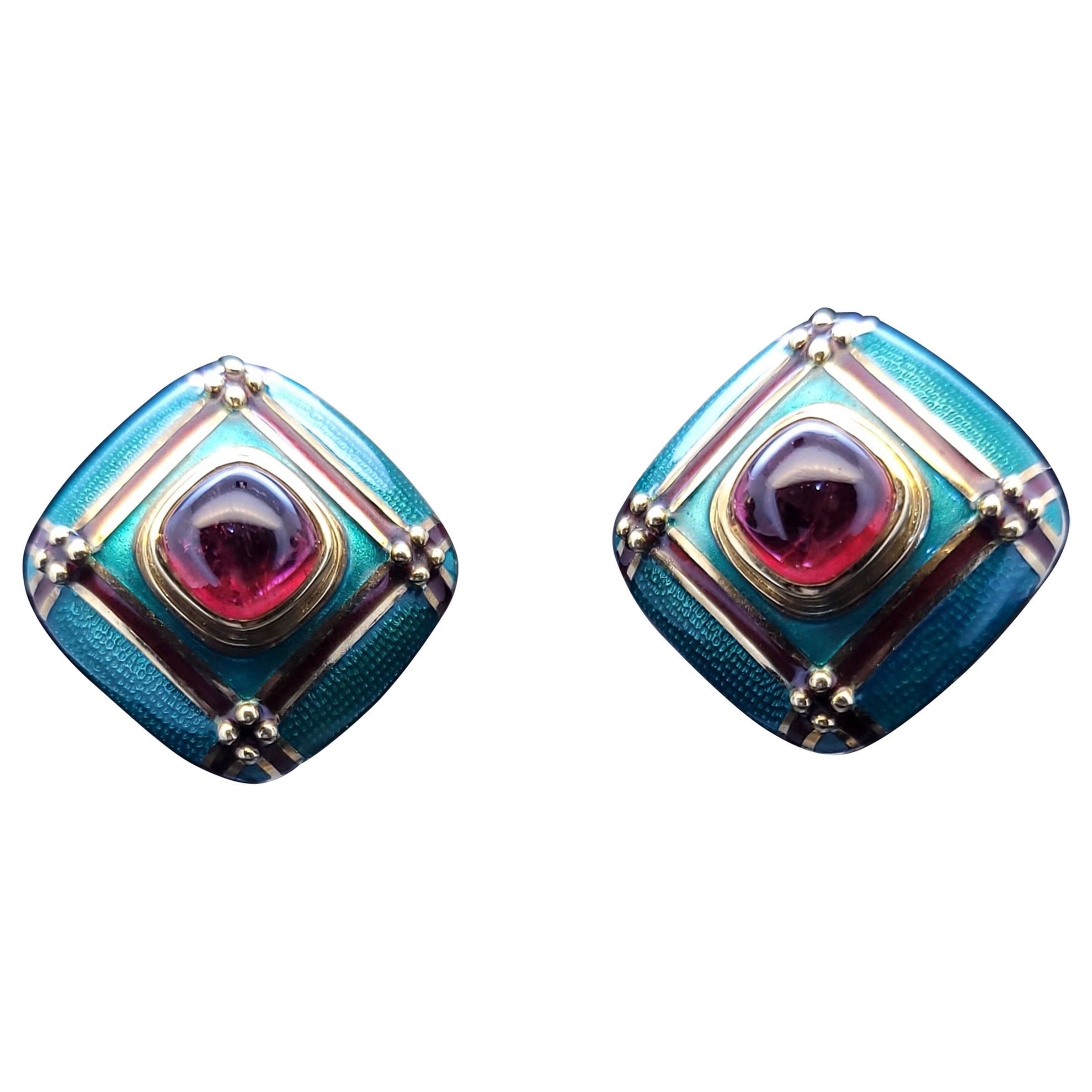 Mavito 18 K 750 Yellow Gold Earrings with Amethyst Center Red and Green Enamel