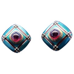 Mavito 18 K 750 Yellow Gold Earrings with Amethyst Center Red and Green Enamel
